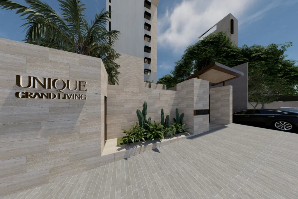 Entrada principal de Unique Grand Living con seguridad y tecnología avanzada en Villa Magna.