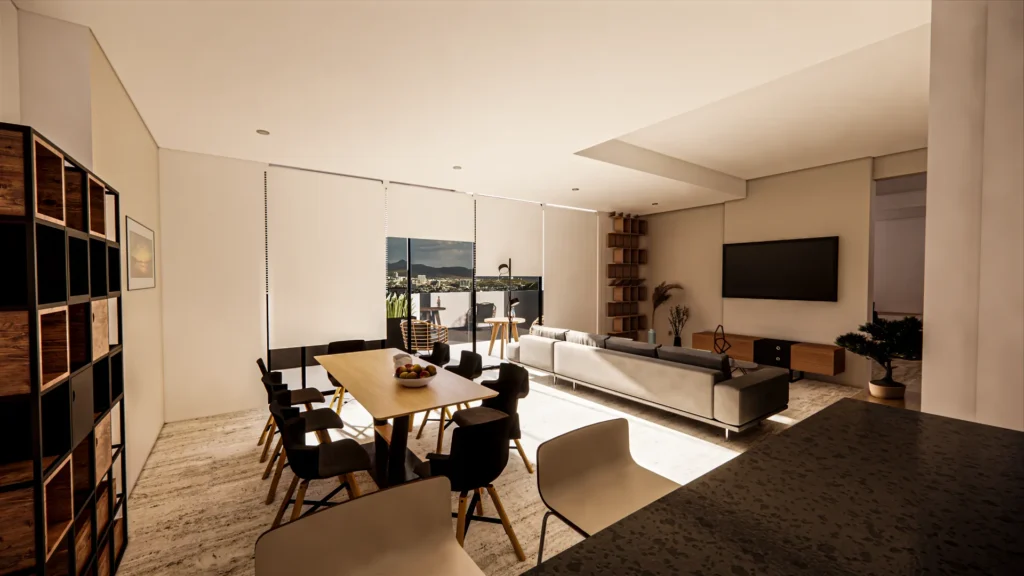 Render interior de departamento en Unique Grand Living con sala-comedor y terraza, diseño moderno y vistas panorámicas en Villa Magna.