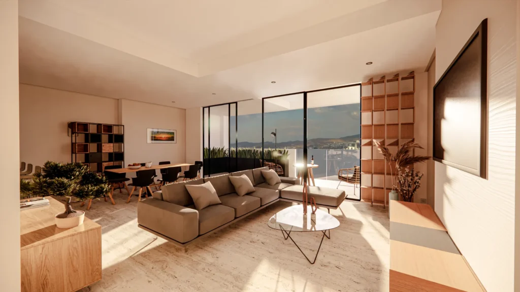 Render interior desde la cocina hacia sala-comedor en Unique Grand Living, espacios amplios y luminosos en Villa Magna.