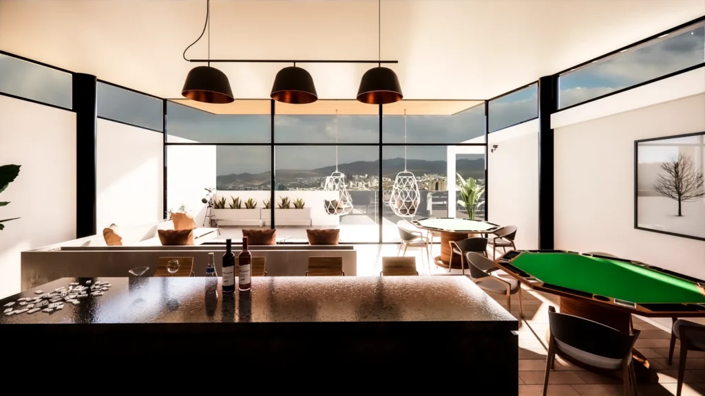 Bar panorámico con vista a la ciudad desde el rooftop de Unique Grand Living