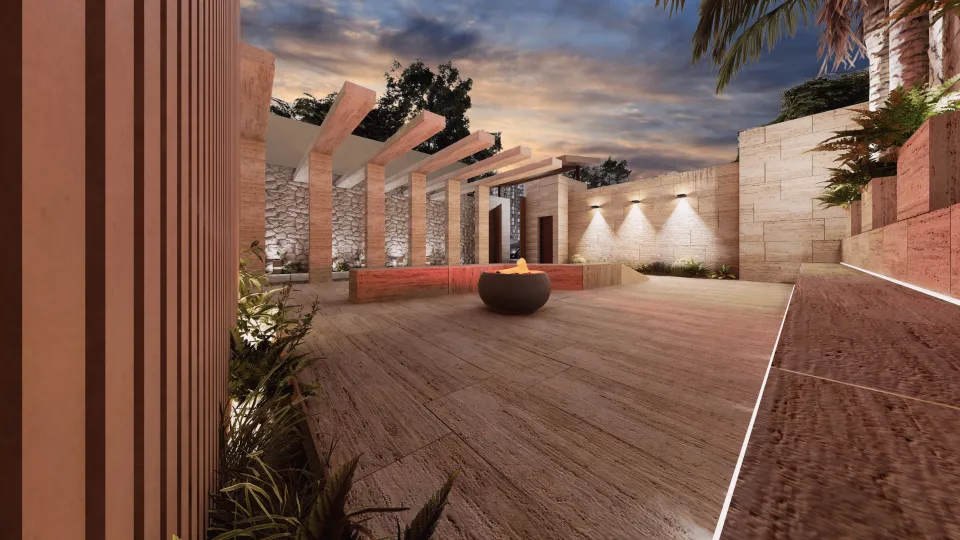 Render de La Explanada en Unique Grand Living, acceso tipo hotel y espacio al aire libre en Villa Magna.