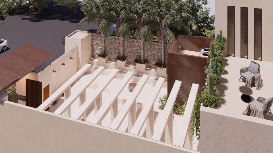 Render de acceso principal en Unique Grand Living, diseño arquitectónico moderno con pérgolas y vegetación en Villa Magna.