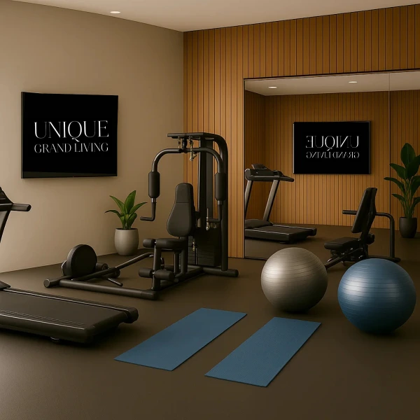 Gimnasio totalmente equipado en Unique Grand Living con acabados premium y vistas panorámicas en Villa Magna.
