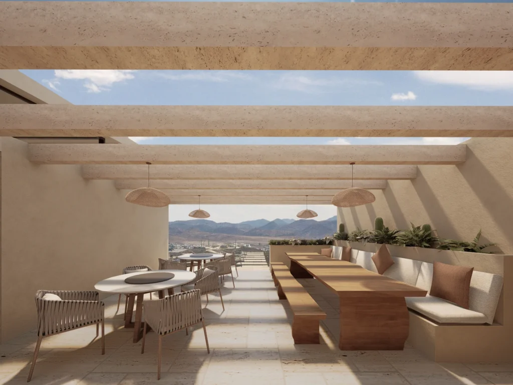 Render de amenidades y terraza en Unique Grand Living, espacio exclusivo en Villa Magna.
