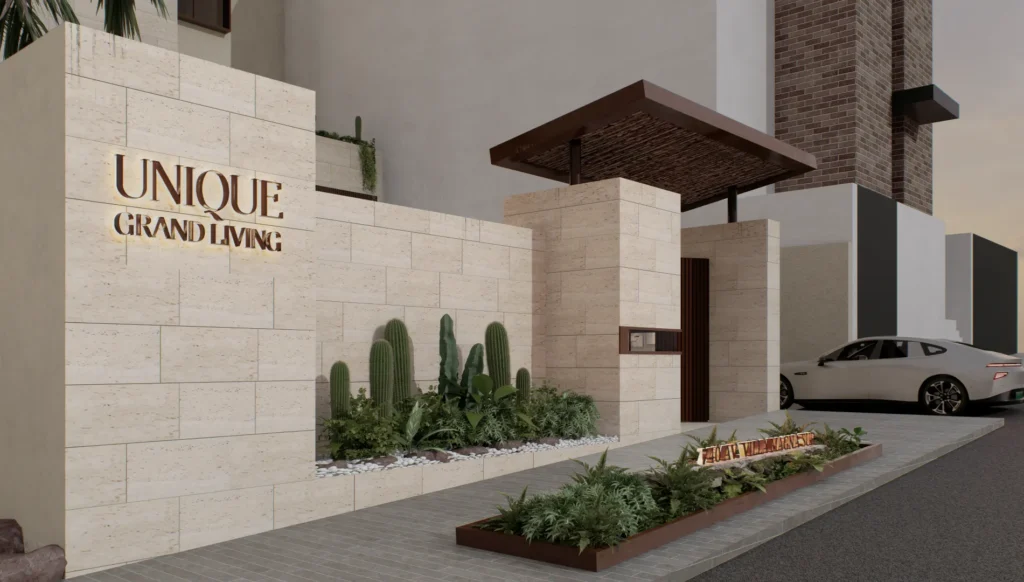 Entrada principal con diseño de hotel boutique en Unique Grand Living