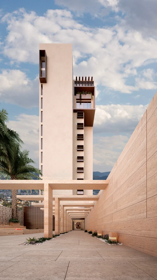 Render de la entrada principal y fachada de la torre Unique Grand Living con diseño moderno en Villa Magna.