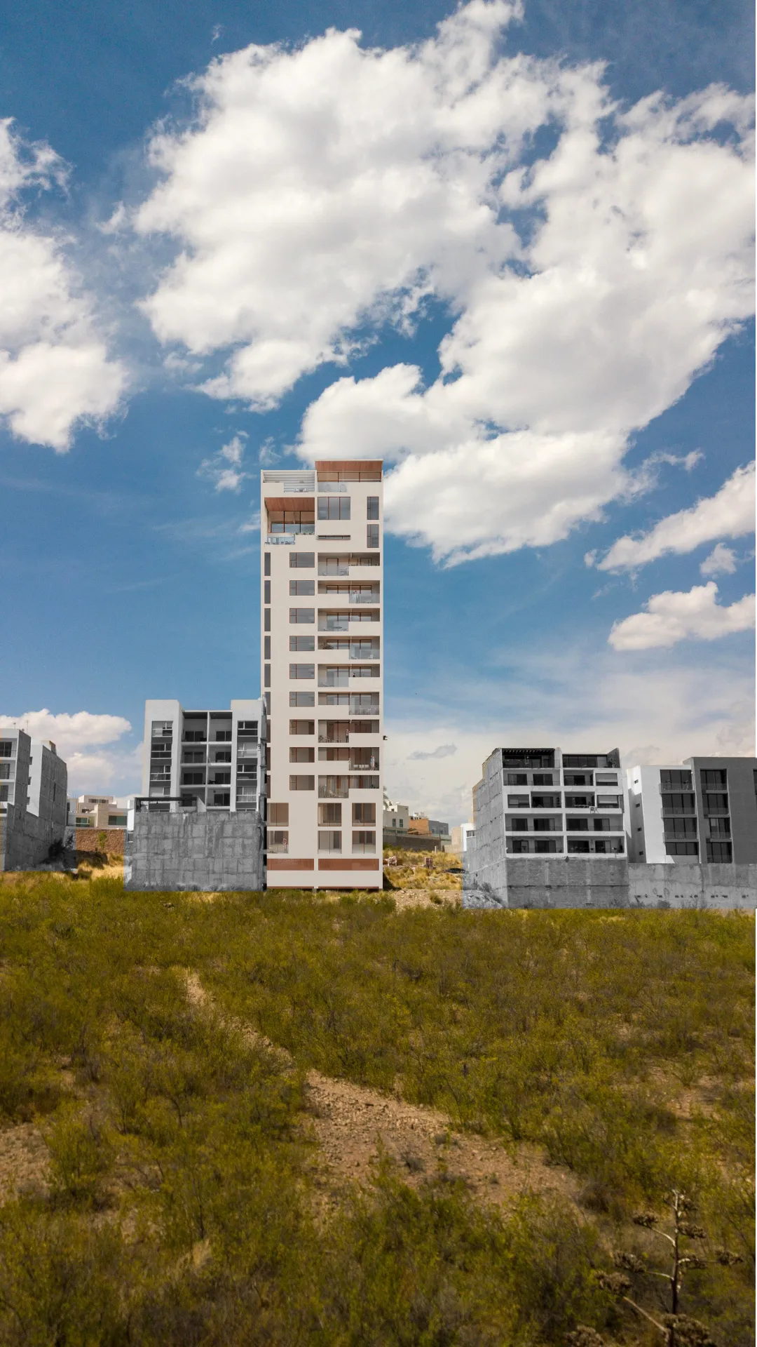 Fotografía/render de la torre Unique Grand Living en Villa Magna, San Luis Potosí, destacando altura y ubicación premium.