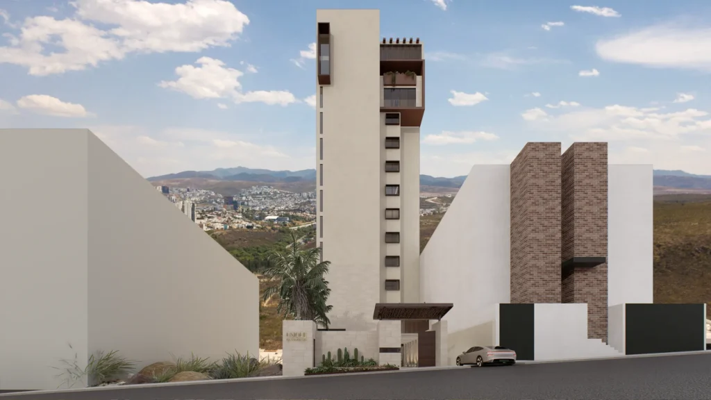 Render exterior de la torre Unique Grand Living, la más alta de Villa Magna San Luis Potosí.